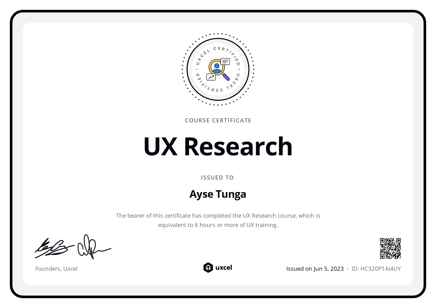 Ayse Tunga's certificate